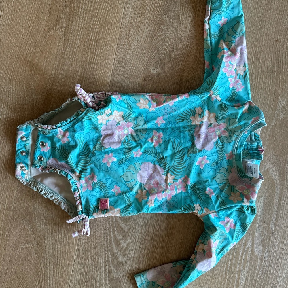 Ruffle Butts Aqua Floral Kids Swim One Piece